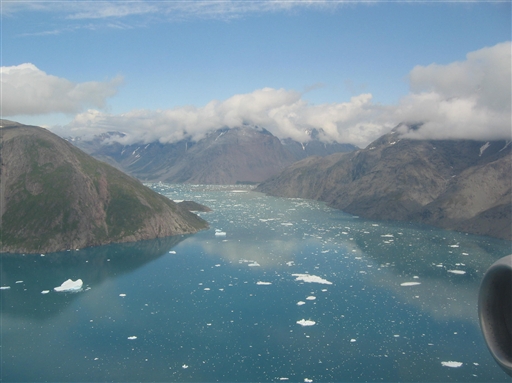 View of the Qoorooq fjord from the airplane prior to the approach to Narsarsuaq