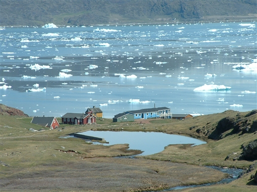The church in Qassiarsuk. It is possible to spot a couple of houses on the opposite side of the Erik's fjord