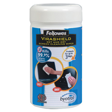 Fellowes Virashield 50 Wet and 50 Dry Screen Cleaning Wipes