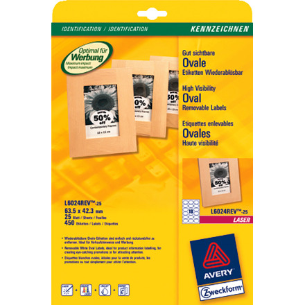 ETIKETTER OVAL HVID /25 ARK - L6024REV-25