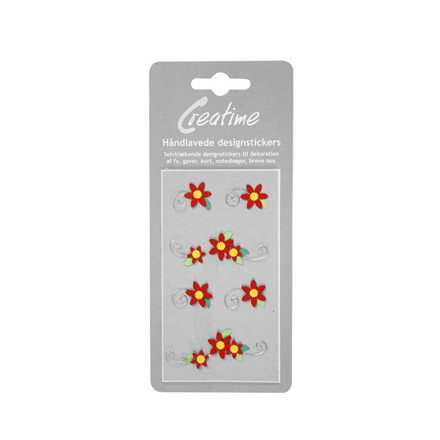 Håndlavede stickers, 5-6 cm, Røde blomster, 1 ark