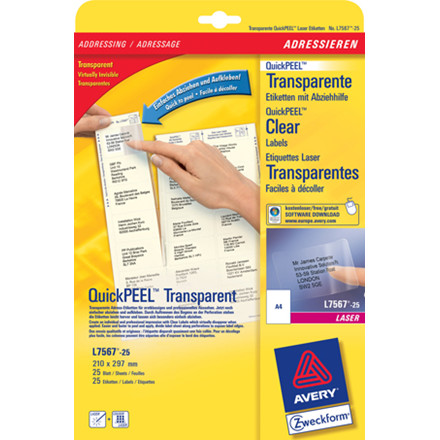 ETIKETTER AVERY LASER A4 TRANSPARENT - L7567