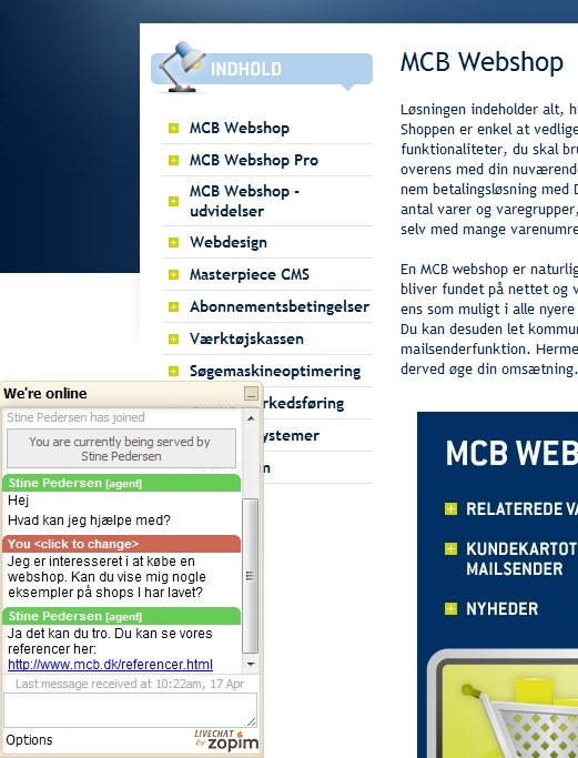 Chatvindue for den besøgende på websitet