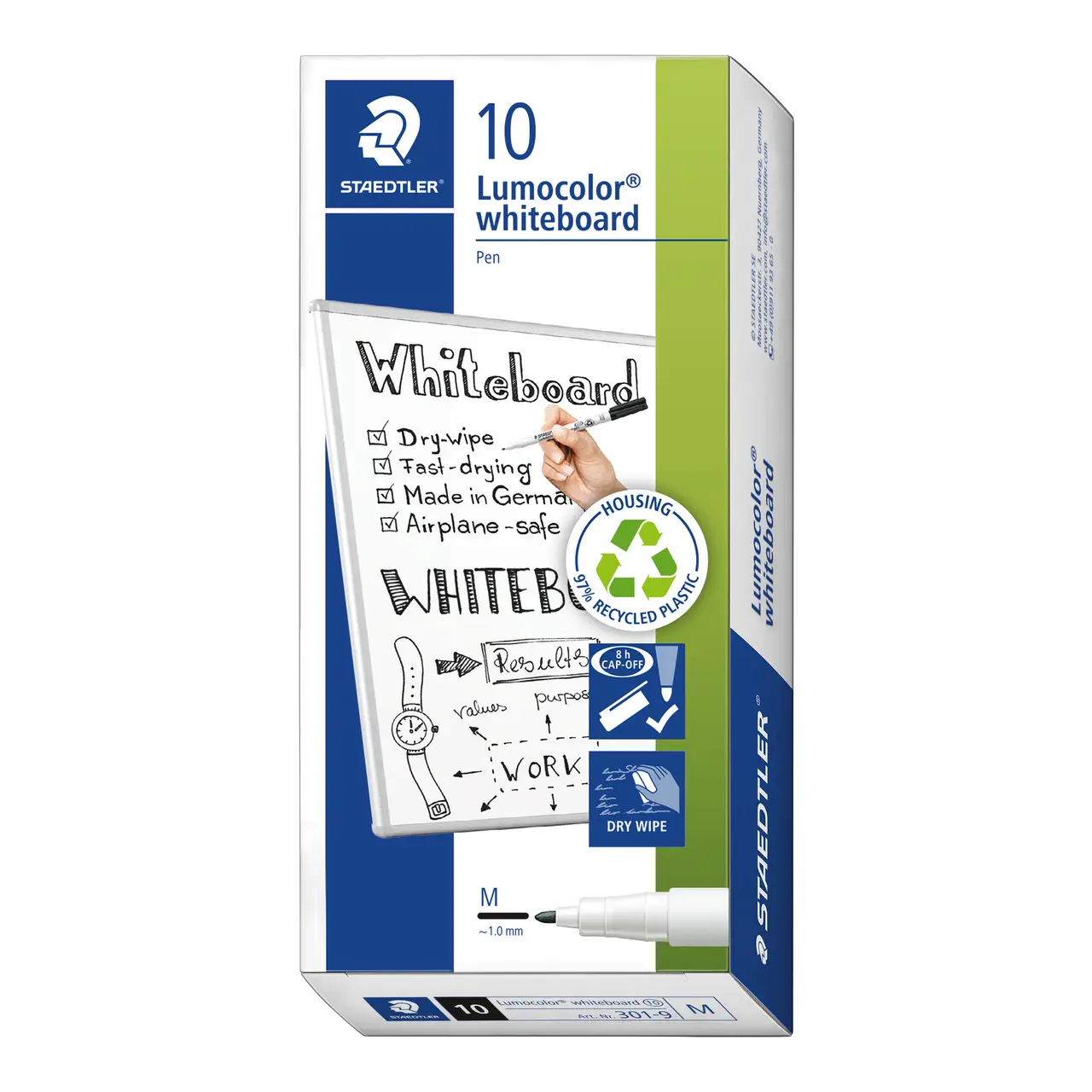 STAEDTLER Whiteboard Marker Lumocolor, blauw, droog en zonder resten afwasbaar, wigvormige punt ca. 2 of 5 mm, hoge kwaliteit, Made in Germany, 10 blauwe markers, 351 B-3