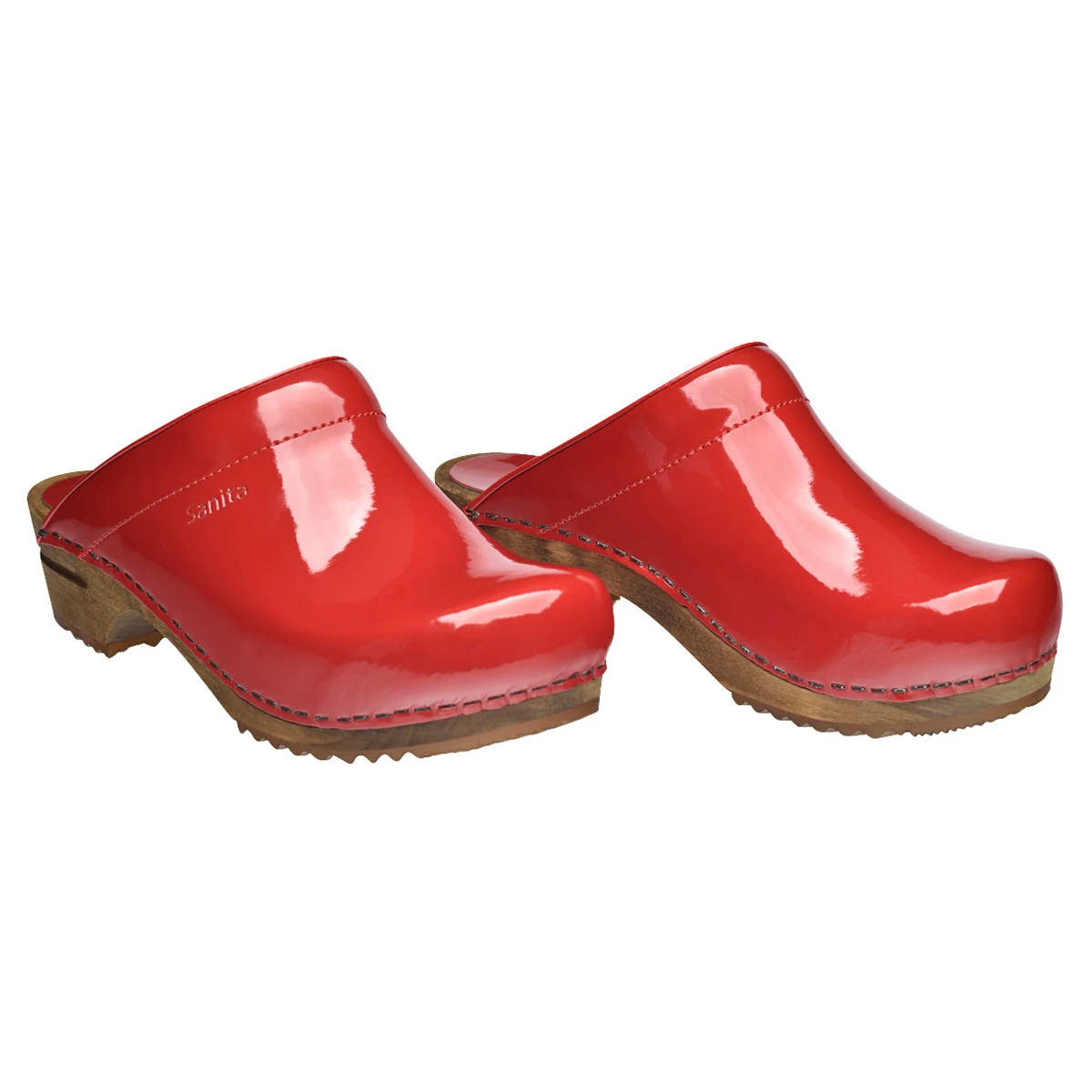 Red patent leather clogs sales