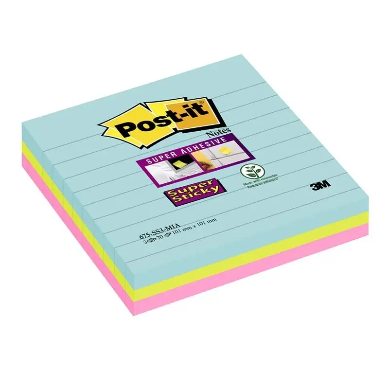 Statys Postit Post-it blok Super Sticky ass. linieret 101x101mm 3blk/pak