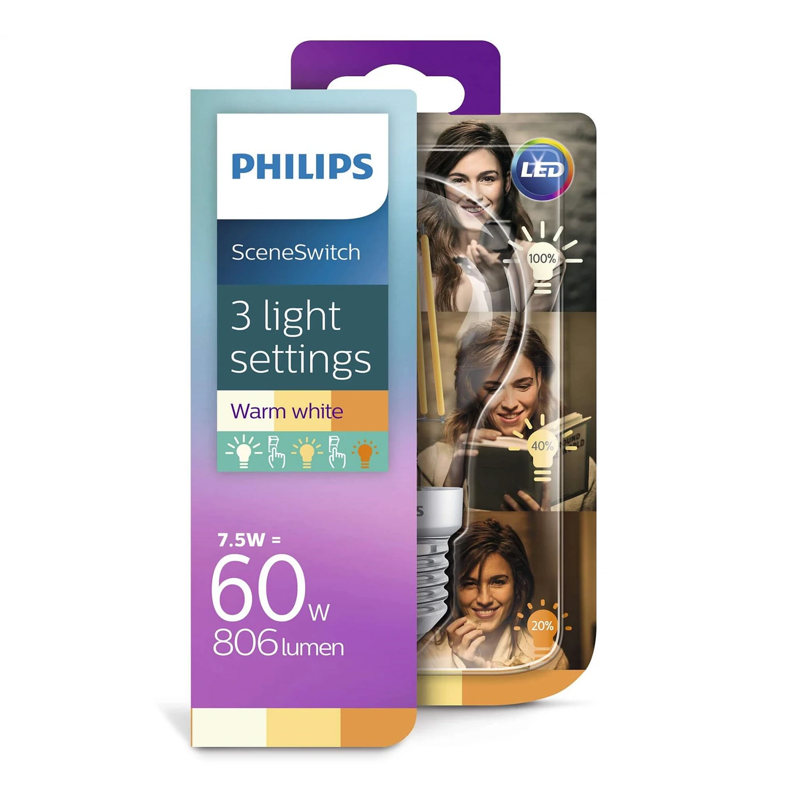 Hen Voorwaarden Product Lichtbron LED 2-5-8W Sceneswitch (80/320/806Lm) Filament E27 - Philips -  Koop online