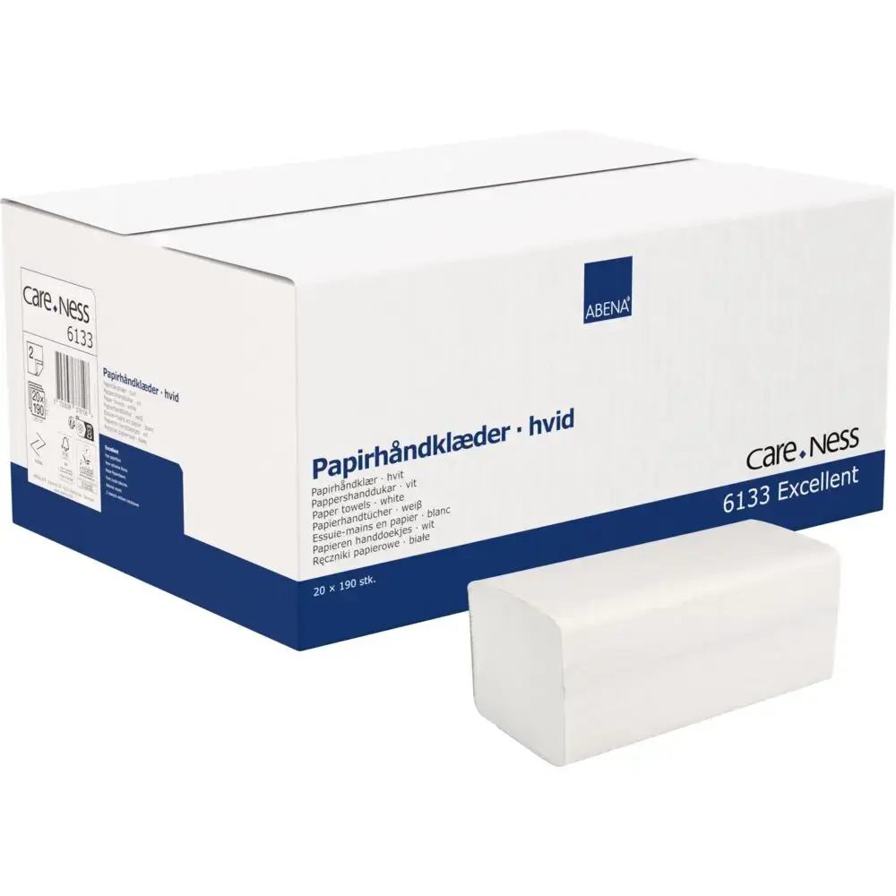 Håndklædeark - Abena Care-Ness Excellent 2-lags V-fold 21x25cm hvid 190 ...