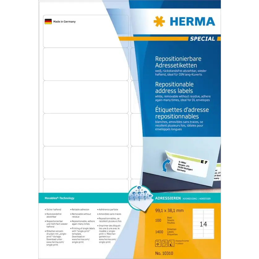 Étiquettes Adhésives Amovibles Herma Movables - 99.1x38.1mm, 1400 étiquettes Blanches A4