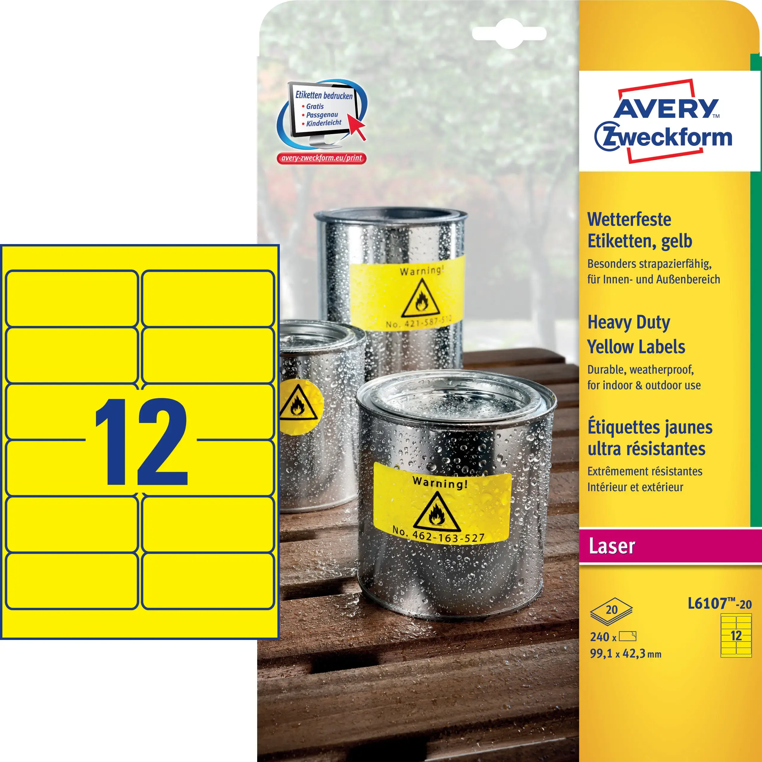 Avery etiketter L6107-20 - Laserlabel stærk gul 12 pr. ark 99,1 x 42,3 ...