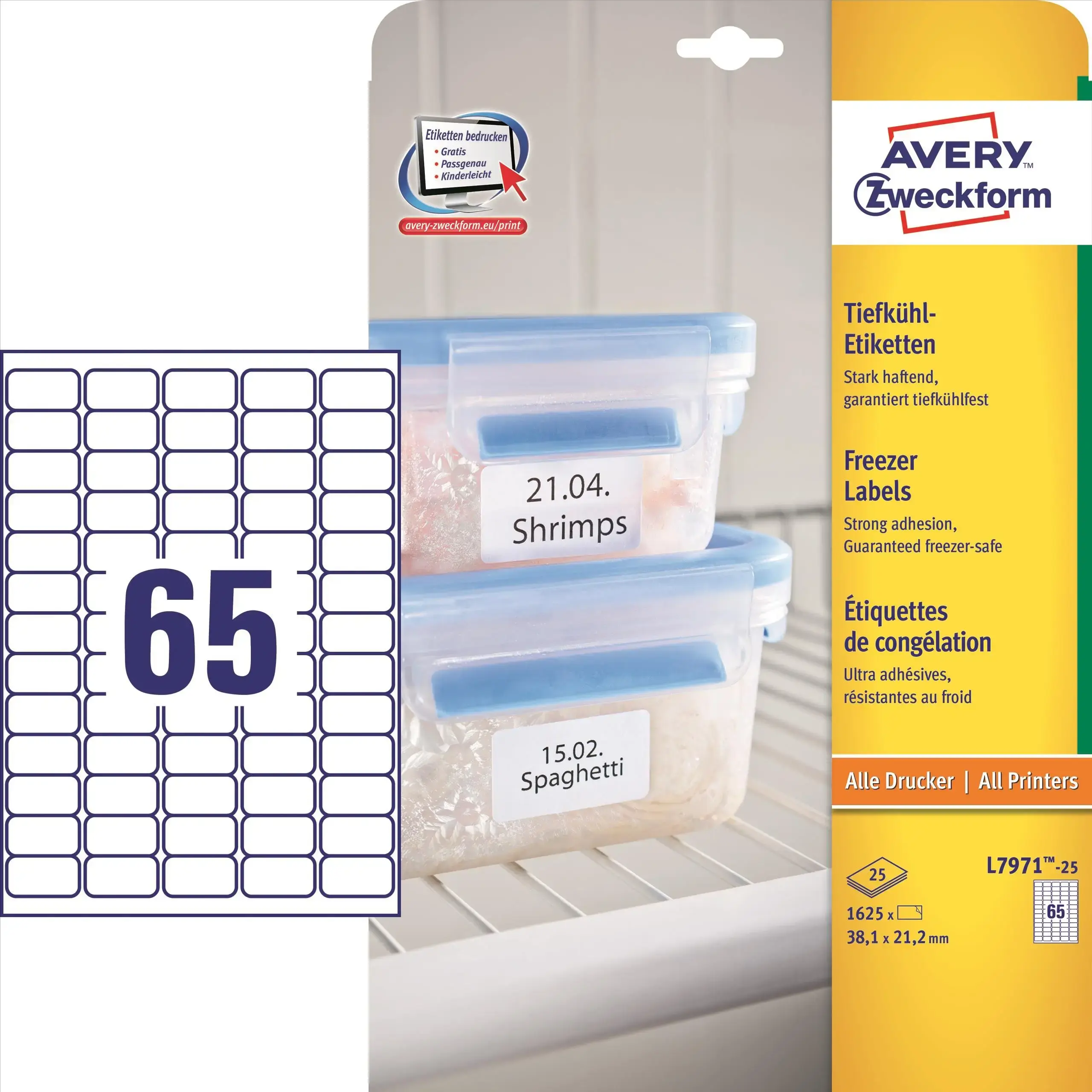 Etiketter print selv Avery L7971-25 - Fryselabel 65 pr. ark 38,1 x 21,2 ...