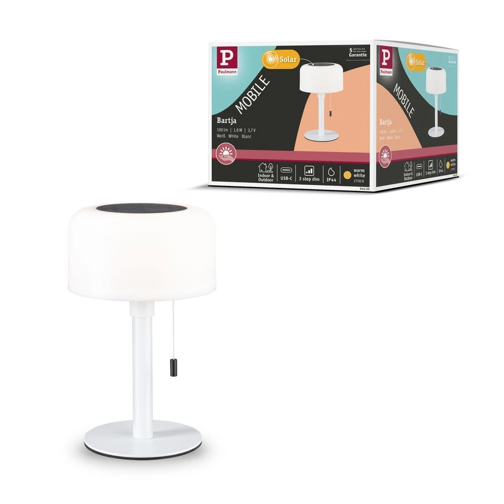 Bartja Aurinkokenno Table Lamp w USB C 3 step Dim. IP44 White Paulmann
