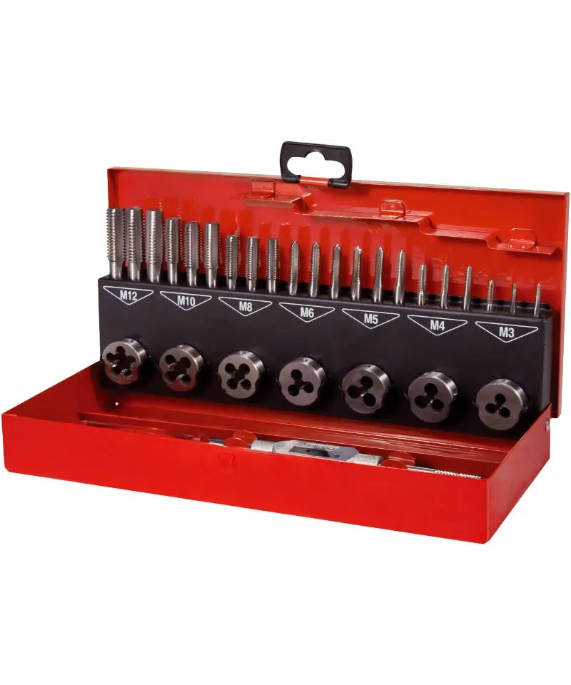 PROMAT Gewindeschneidzeug-Set 31-teilig – HSS Gewindebohrer M3 Bis M12 In Metallkassette – Inkl. Schneideisen Und Windeisen