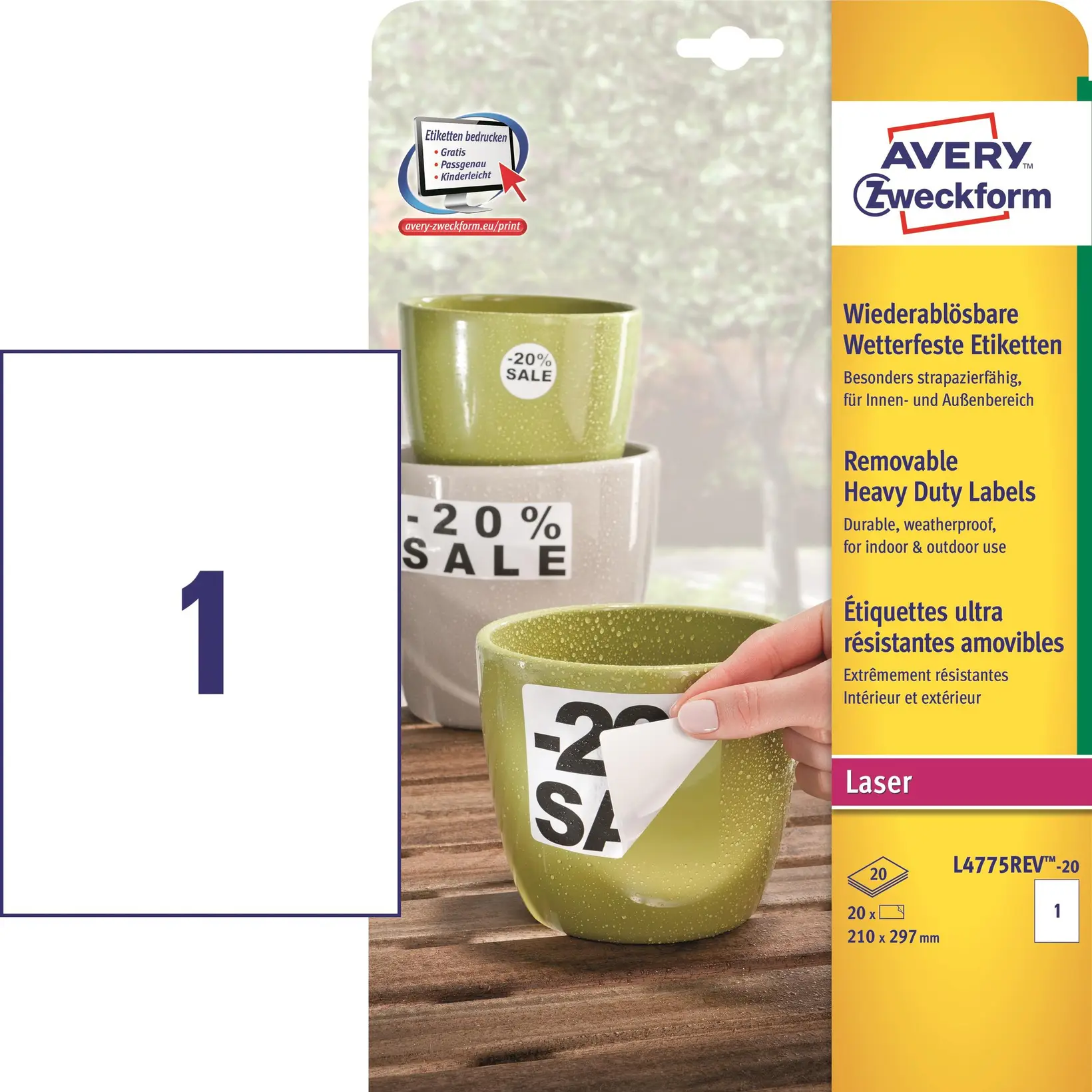 mundstykke alias katalog Avery L4775REV-20 -Laseretiket vandfaste aftagelige 210 x 297 mm - 20 stk -  Køb billigt på Grafical.