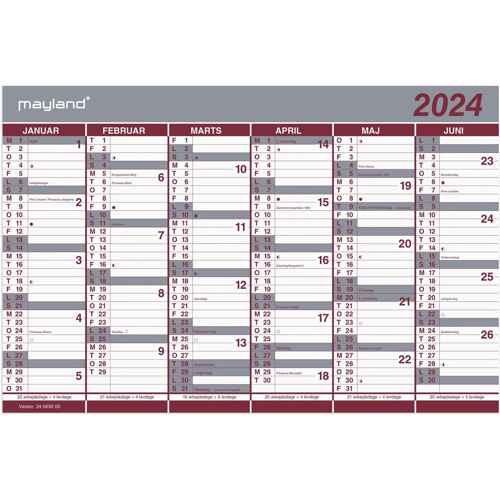 Kalender 2024 halvårs 44x29cm 24063000 - Køb billigt på Grafical.dk