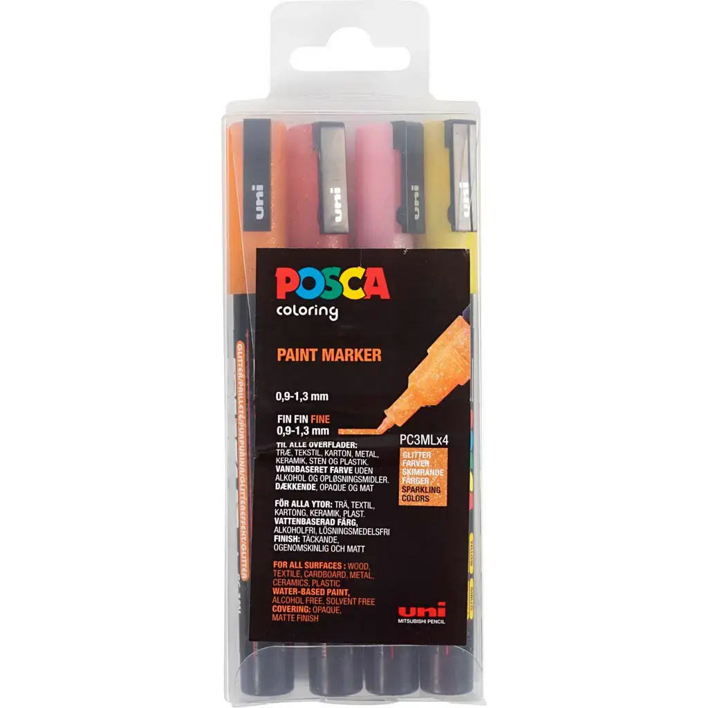 Posca Tusch, nr. PC-3M, streg 0,9-1,3 mm, fine, glitterfarver, ass, 4 ...
