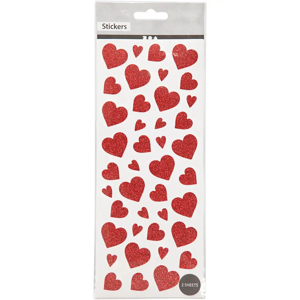 Klistermærker Glitterstickers ark 10x23 cm røde hjerter - 2ark - Køb ...