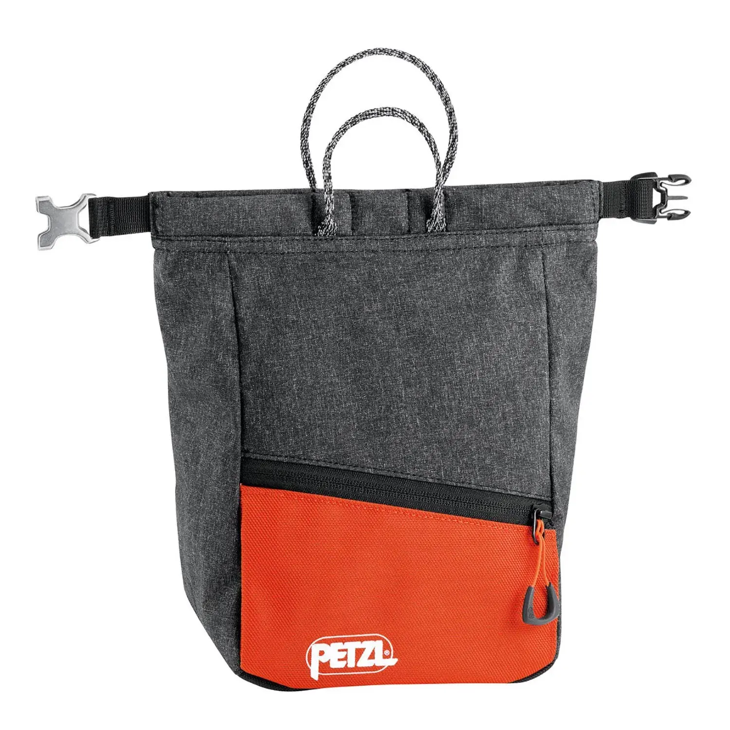 Grå Petzl Sakab kalkpose med orange lomme, to bærehåndtag og rullelukning