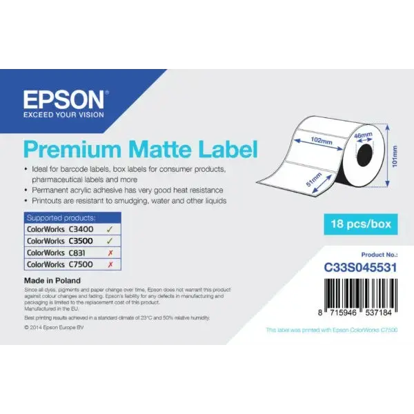Etiketter Epson High Gloss Label, die-cut roll: 102mm x 51mm, 650 labels