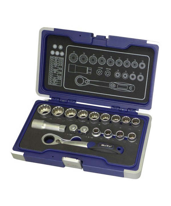 BATO Topnøglesæt 3/8" SplineLock 10-24mm gennemstik 17 dele.