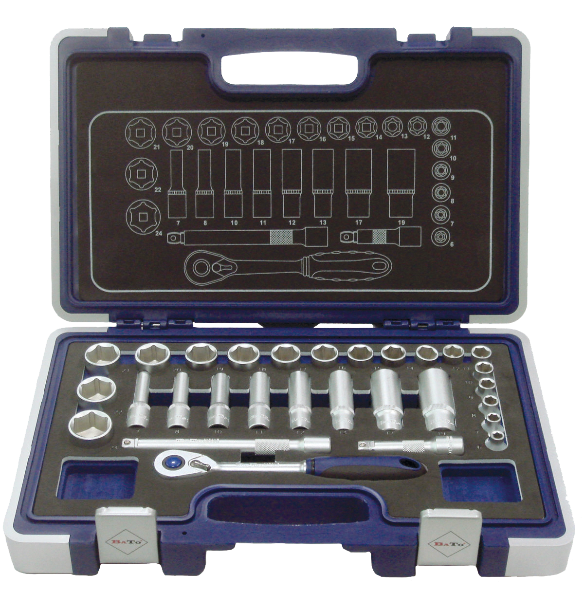 BATO Topnøglesæt 3/8" 6kt. 6-24mm kort. 7-19mm lang. EVA 29 dele.