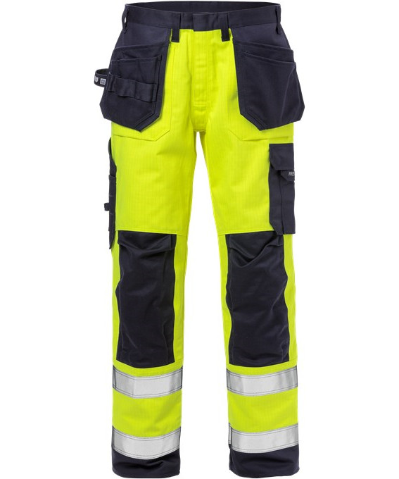 Kansas/Fristads flame Hi-Vis håndværker bukser kl. 2 (Hi Vis Gul/Marine, 48)
