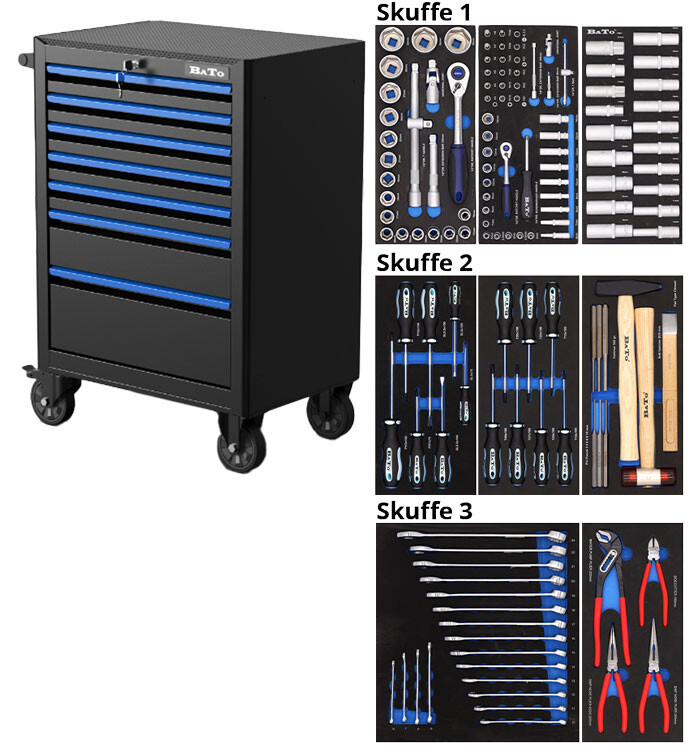 BATO Værktøjsvogn med 7 skuffer. 3 skuffer med 132 dele værktøj. Model 9107-132. Sort