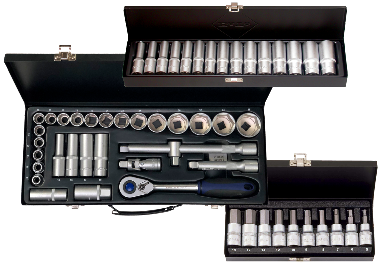 BATO Kombi pakke. Topnøglesæt 10-36mm 1/2", langtoppesæt 10-24 1/2", stifttopsæt 5-19mm 1/2". 53 dele