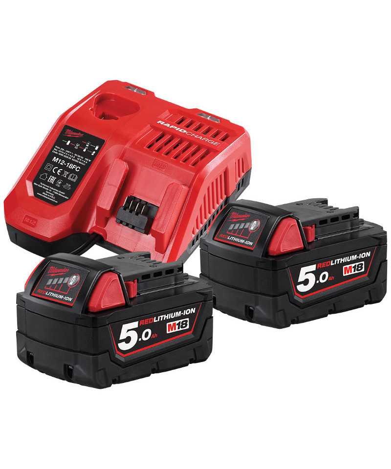 Milwaukee M18 NRG-502 startsæt m/ 2 stk. 5,0Ah batterier og lader