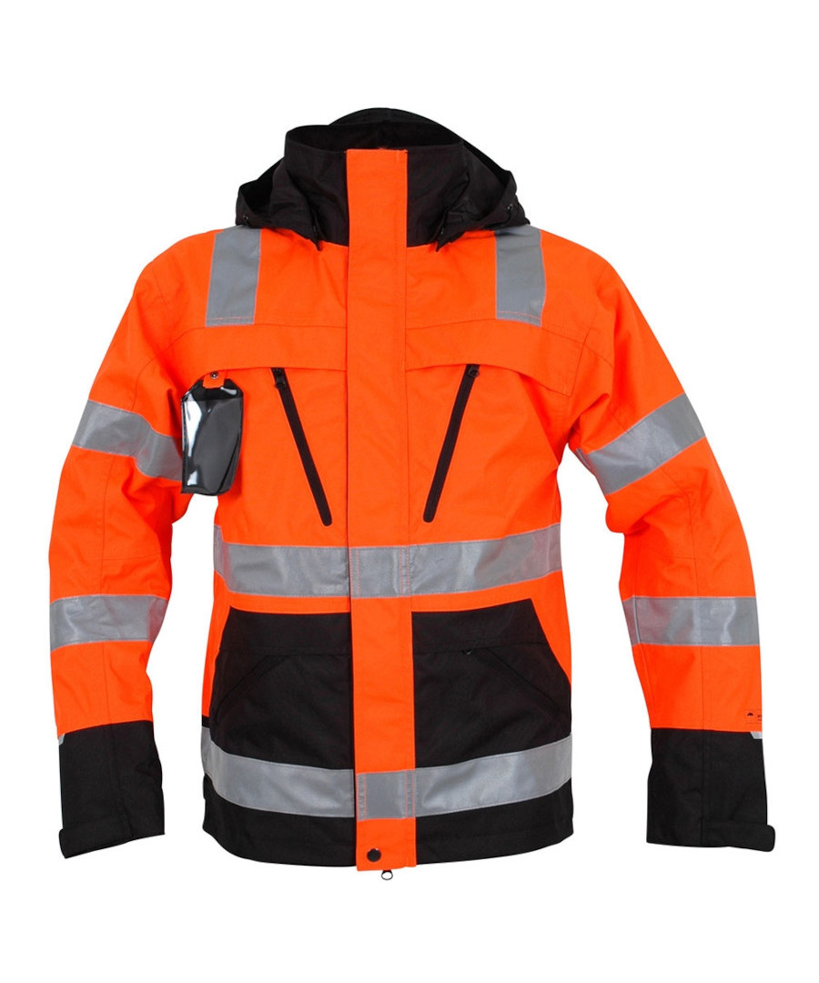 Se Ocean Åbo Hi-Vis arbejdsregnjakke (Hi Vis Orange/Sort, L) hos Specialbutikken