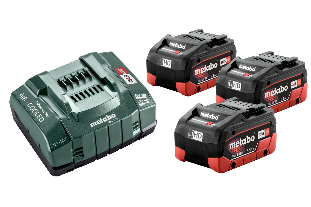 Se Metabo 18V batterisæt m/3 stk 5,5 Ah LiHD + oplader hos Specialbutikken