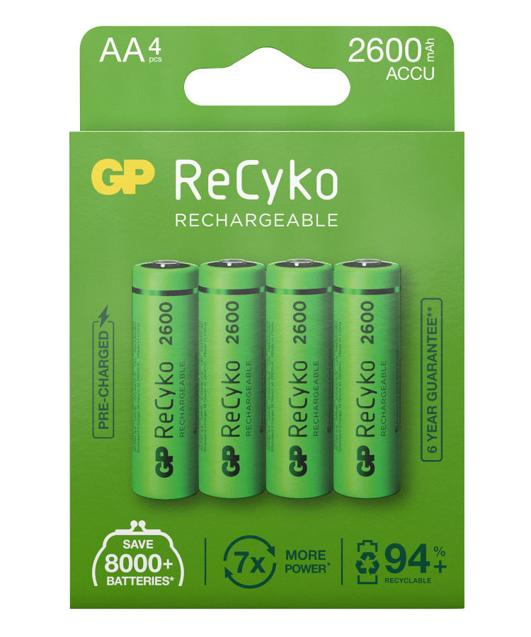 Se GP ReCyko NiMH genopladelige batterier AA/R6 2600 mAh 4 stk. hos Specialbutikken