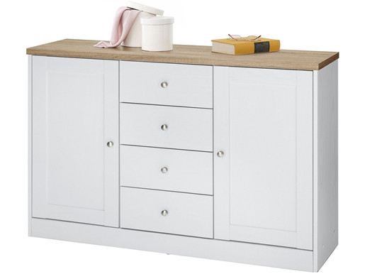 Kommode HALEY 2 Türen 4 Schubkästen aus MDF in Weiß-Eiche
