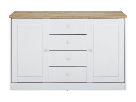 Kommode HALEY 2 Türen 4 Schubkästen aus MDF in Weiß-Eiche