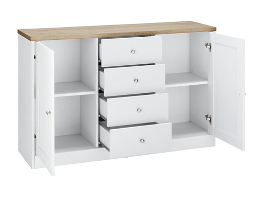 Kommode HALEY 2 Türen 4 Schubkästen aus MDF in Weiß-Eiche