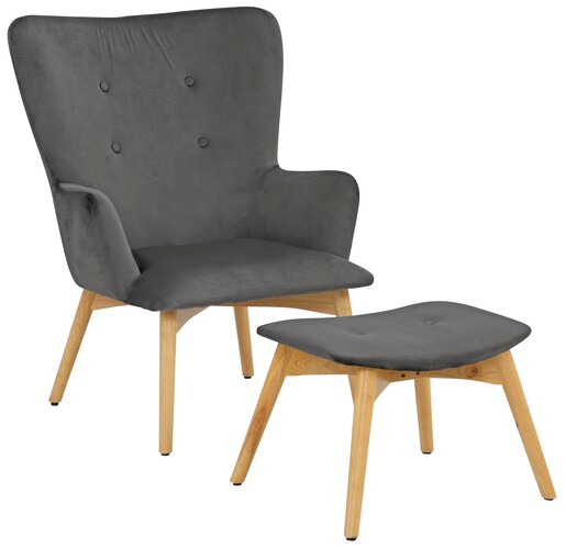 Ohrensessel Newman (Sessel mit Hocker), Fernsehsessel, Samtbezug mit Knopfheftung, Untergestell aus Massivholz in grau