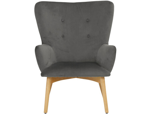 Ohrensessel Newman (Sessel mit Hocker), Fernsehsessel, Samtbezug mit Knopfheftung, Untergestell aus Massivholz in grau