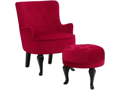 Armsessel mit Hocker DOM, Samtbezug in rot mit Knopfheftung