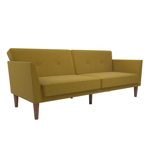 Schlafsofa Regal Bezug aus Leinenstoff, Holzbeine, Breite 204,5 cm in gelb