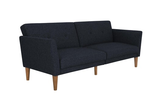 Schlafsofa Regal Bezug aus Leinenstoff, Holzbeine, Breite 204,5 cm in blau