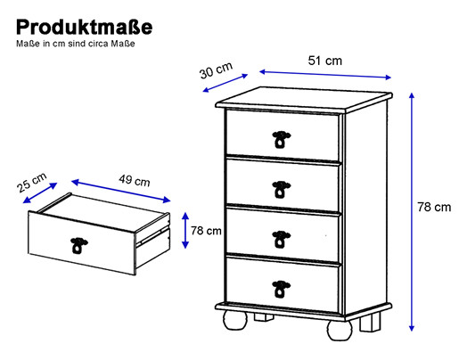 Kommode FOTINA mit 4 Schubladen aus Kiefer in gebeizt geölt