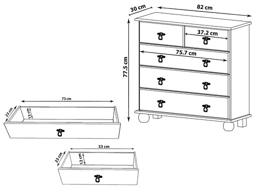 Kommode FOTINA mit 5 Schubladen aus Kiefer in gebeizt geölt