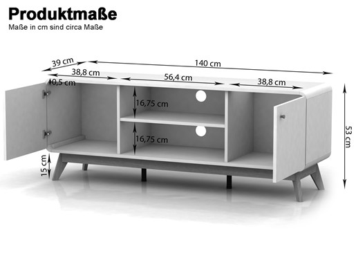 TV Lowboard CARMEN im Skandinavischen Design in weiß/natur