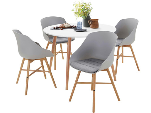 5-tlg. Essgruppe KENNY, 4 Stühle in grau, Tisch Ø110 cm
