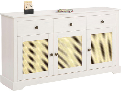 3-trg. Sideboard LIEBKE aus Kiefer weiß mit Weidengeflecht
