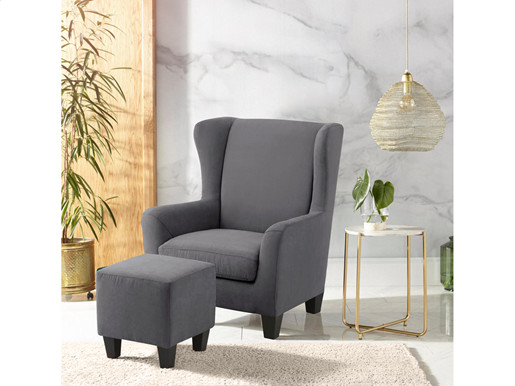 Sessel ZOE mit Hocker aus Mikrofaser in grau, Federkern