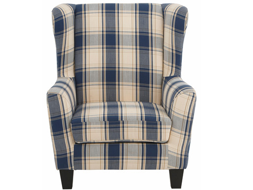 Sessel ZOE mit Hocker mit blau kariertem Stoffbezug