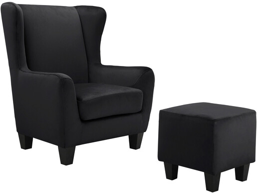 Polstersessel mit Hocker ZOE mit Samtbezug in schwarz