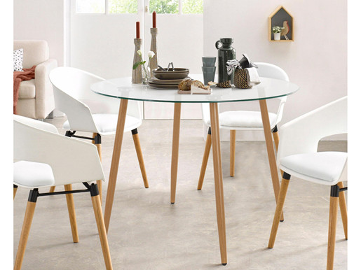 Esstisch rund MIANA mit Glasplatte und Holzbeinen, Ø100 cm