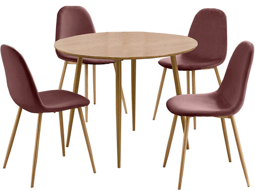 5-tlg. Essgruppe MAARIT Esstisch Ø100 cm, rosa/eiche